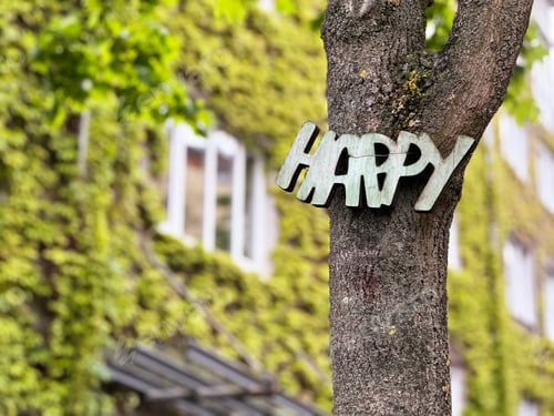 Preview: Green Word "Happy" Hanging On Tree Against Bright Juicy Greenery