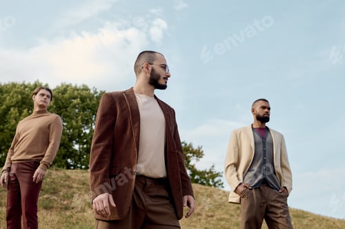 Preview: Stylish men embrace autumn fashion in a serene field as nature showcases its beauty