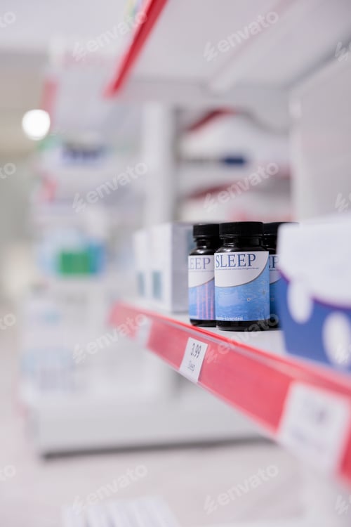 Preview: Pharmacy shelves filled with medicaments and pharmaceutical product