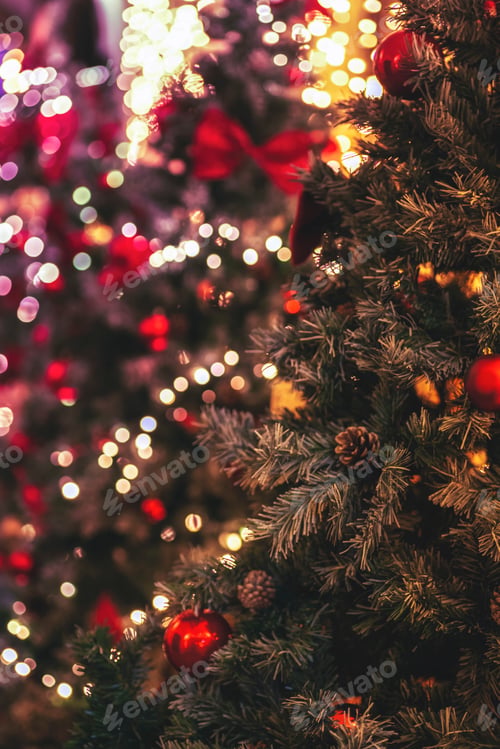 Preview: Christmas decorations on fir tree with golden and red balls and Christmas lights, closeup.