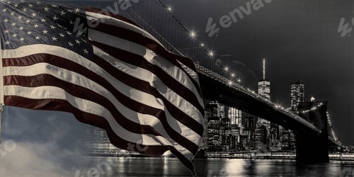 Preview: American flag flying the a Skyline Panoramic view new york city manhattan downtown skyline at night