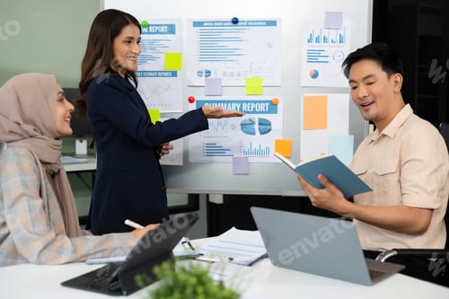 Preview: Team business people discussing a project in a meeting for analysis graph company financial.