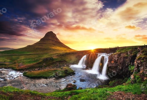 Preview: The picturesque sunset over landscapes and waterfalls. Kirkjufel