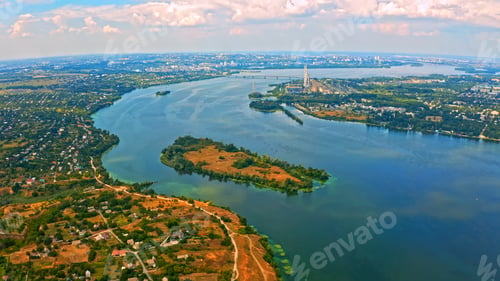 Preview: Photo from a drone of a beautiful summer landscape over the river.
