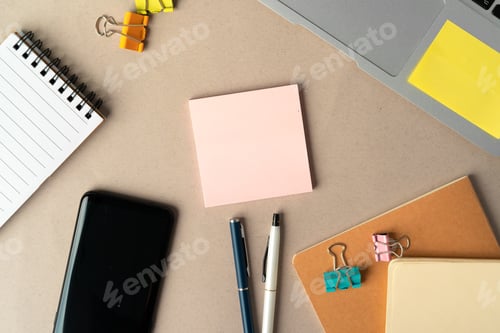 Preview: Open laptop with blank notebook, view from above. Workplace concept