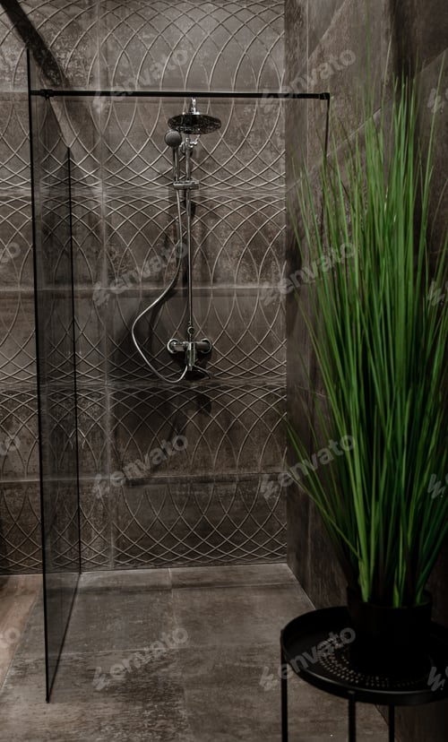 Visualização: Interior de uma moderna casa de banho com cabine de duche.