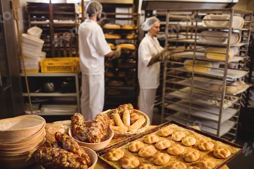 Preview: Michetta and sweet food on a table while male and female baker working in background