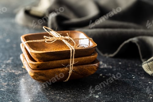 Preview: Three empty wooden bowl.