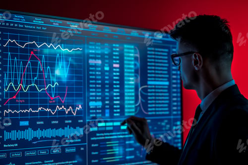 Preview: The man in suit looks on a blue screen with some data