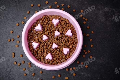 Preview: Dog food in pink bowl with pink heart shapes on dark surface