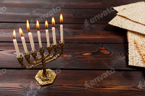 Preview: Jewish holiday Passover banner design with wine, matzo on wooden background.