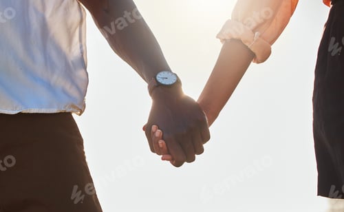 Preview: Love, flare and African couple holding hands, bonding and enjoy outdoor romantic quality time toget