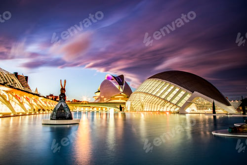 Preview: The city of the Arts and Sciences, Ciudad de las Artes y las Ciencias at sunset in Valencia, Spain.