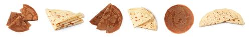 Preview: Different tasty crepes on white background, set
