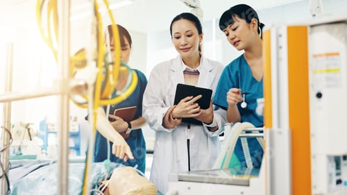 Preview: Hospital, doctor and mannequin with healthcare mentor and nursing dummy for anatomy students. Colle