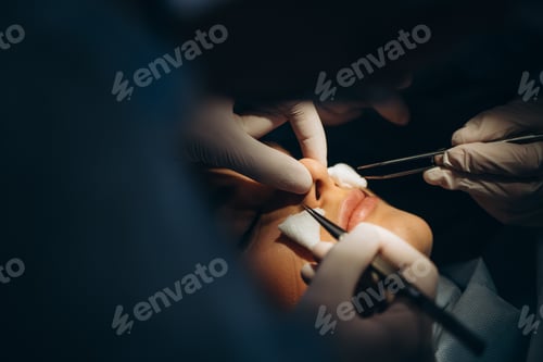 Preview: Surgeon and his assistant performing cosmetic surgery on nose in hospital operating room.