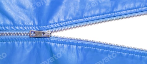 Preview: Blue Leather Texture And Open Metal Zipper Isolated On White Background