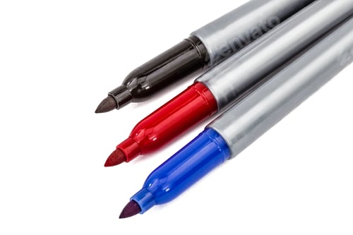 Preview: Three felt-tip pens markers highlighters close-up, isolated on white background