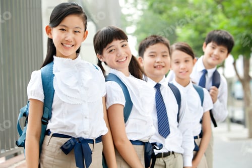 Preview: Cute Chinese schoolchildren in uniform leaning against a fence