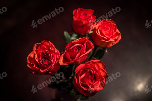 Preview: Closeup shot of a bouquet of red beautiful roses on a brown background