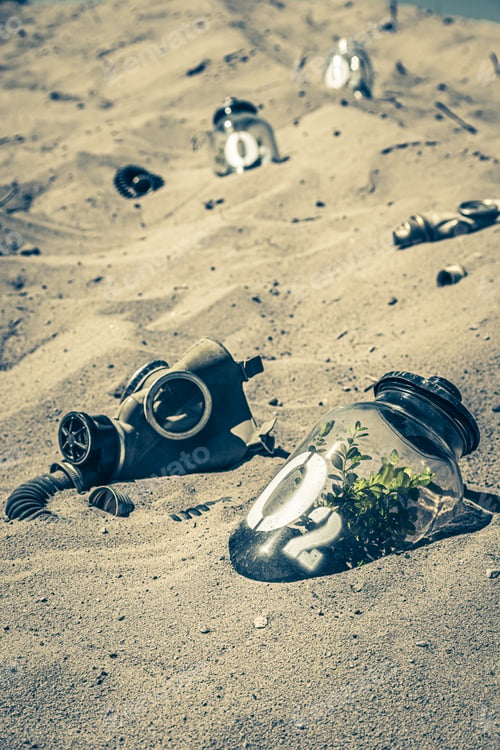 Preview: Bizarre jar with plant and mask as polluted air symbol