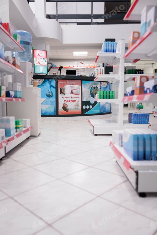 Preview: Empty health care facility with medicaments containers and supplements packages