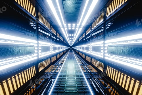 Preview: Illuminated futuristic corridor. Futuristic corridor in space station.