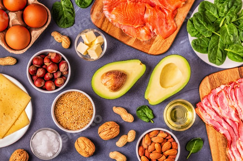 Preview: Keto, ketogenic diet, low carb, healthy food background.