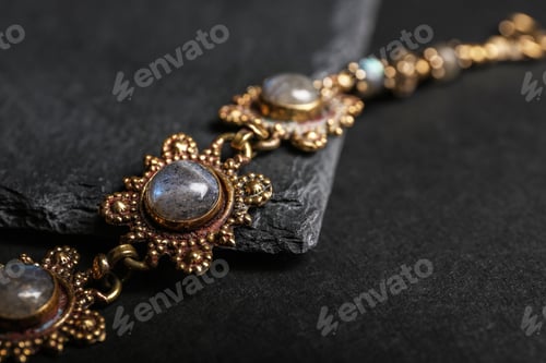 Visualização: Elegant bracelet on black background, closeup. Luxury jewelry