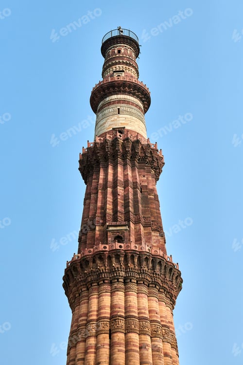 Preview: Qutb Minar minaret tower part Qutb complex in South Delhi, India, big red sandstone minaret tower
