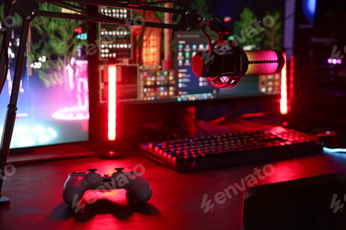 Preview: Playing video games. Modern computer, microphone and wireless controller on table indoors