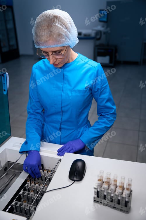 Preview: Female laboratory assistant works with blood samples in the laboratory