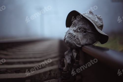 Preview: Severed head of scarecrow on misty railway in autumn time