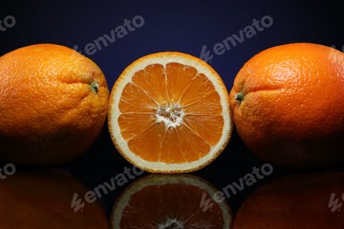 Preview: Closeup shot of juicy oranges and their reflection