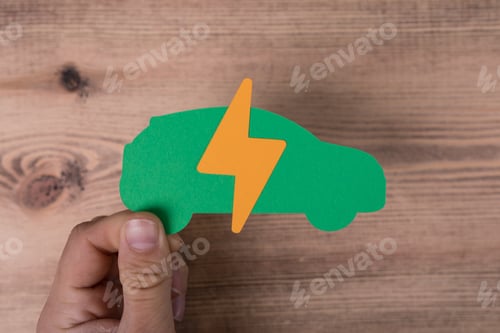 Preview: Sign of the electricity on the papercut of a car in the hands of a man