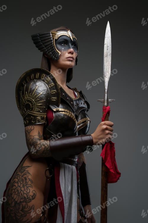 Preview: Ancient woman warrior with spear against grey background