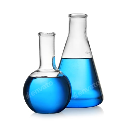 Preview: Florence and conical flasks with blue liquid on white background. Laboratory glassware