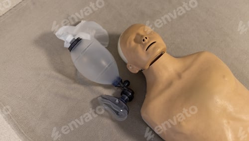 Preview: Close up of trainee phantom and oxygen mask on floor at hospital