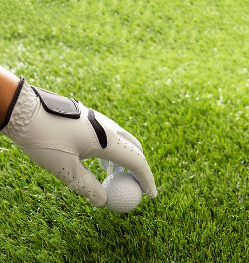 Preview: Hand in golf glove holding a golfball, green course lawn background, close up view.