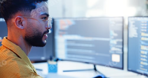 Preview: Programming, man or smile with computer screen for software development, reading information or sys