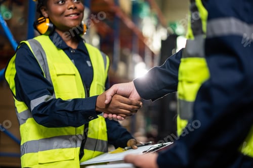 Preview: Close up of diverse industrial worker doing handshake in manufactory.