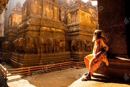 Preview: Hindu Sadhu the holy men visiting the Kailasa Temple, Ellora caves, UNESCO world heritage side.
