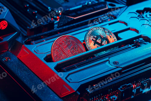 Preview: golden bitcoin and computer chip in background