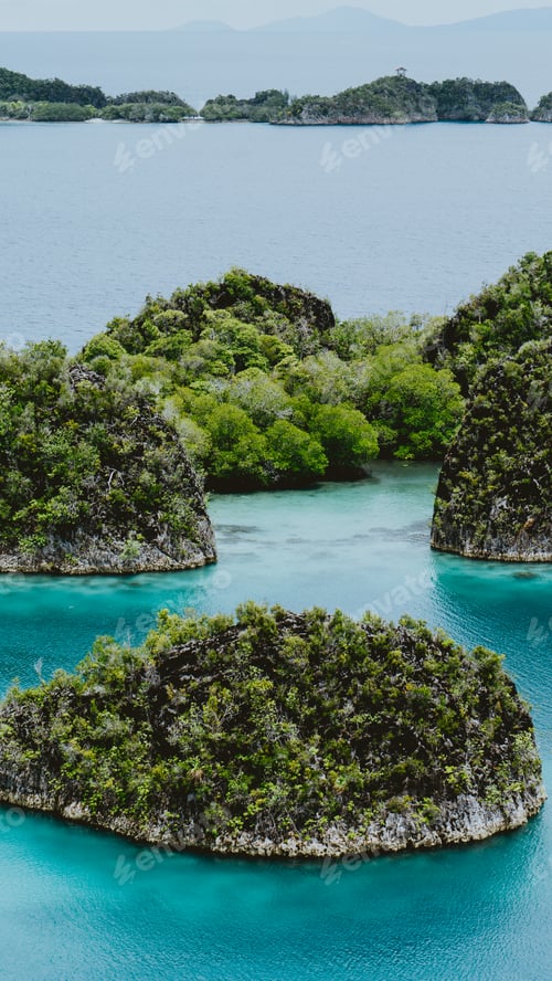 Preview: Painemo, Group of small island in shallow blue lagoon water, Raja Ampat, West Papua, Indonesia