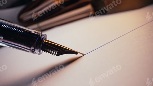 Preview: Macro Of Fountain Pen Nib Writing Straight Ink Line On Textured Paper Surface