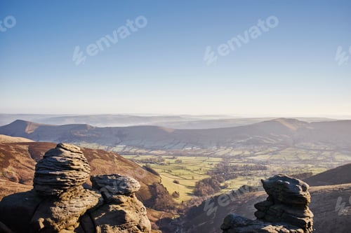 Preview: View of rock formations and valley, Hope Valley, Peak District, UK