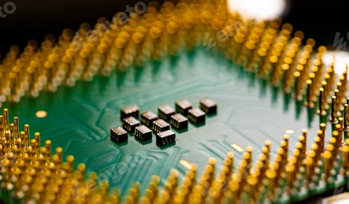 Preview: Close up of microchips and pins on Main CPU PC processor circuit board.