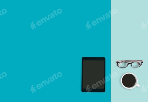 Preview: Coffee time concept, Modern workplace pastel background with tablet, coffee and eyeglasses