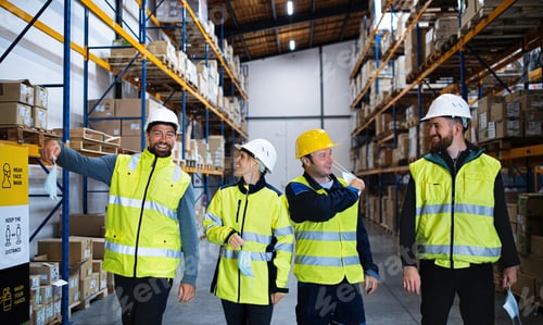 Preview: Group of workers taking face masks off indoors in warehouse, coronavirus concept.