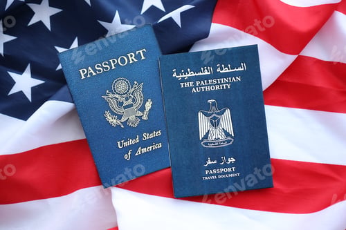 Preview: Passport of Palestinian Authority with US Passport on United States of America folded flag